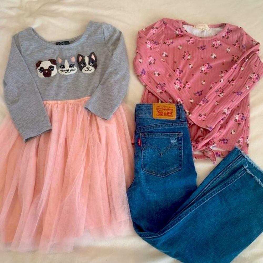 Girls bundle, dress, Jeans, top size 6: Pink Violet, Levi, bkind